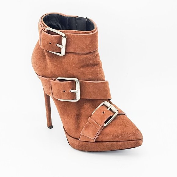 GIUSEPPE Zanotti Booties Tan Suede Buckle Platform Ankle Boots Size 37.5 - Picture 2 of 7
